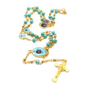 QIGO Crystal Rosary Necklace For Women Long Gold Cross Pendant Religious Jewelry (Color: Green)